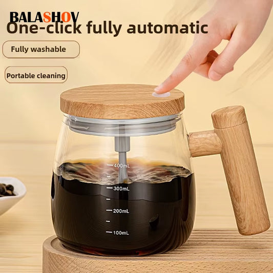 Self-Stirring Coffee Cup Portable Electric Self Mixing Mug with Wooden Handle for Coffee Milk Rechargeable Automatic Glass Cup