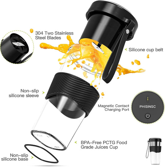 Portable Blender, Personal Size Blender for Smoothies, Juice and Shakes, 12Oz USB Rechargeable Juice Blender Bottles, 60W Strong Power Travel Mini Blender for Sports, Travel, Outdoors